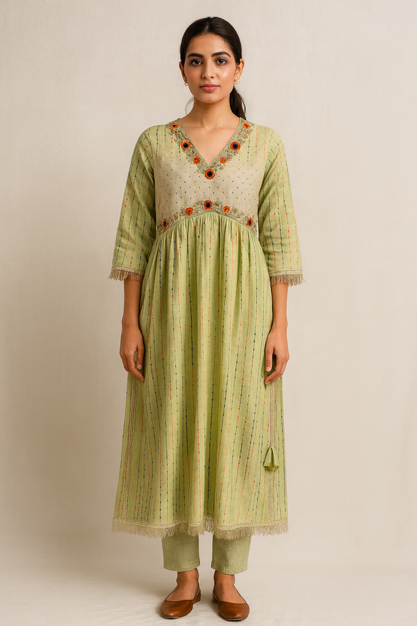 Green Cotton Silk 2PC Naira Cut Kurta Set - HAB Collections