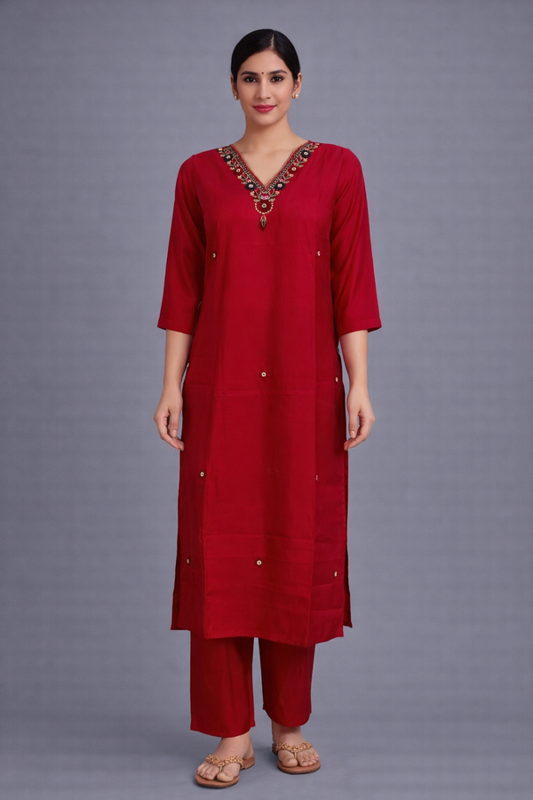 Red Silk 2PC Straight Cut Kurta Set - HAB Collections