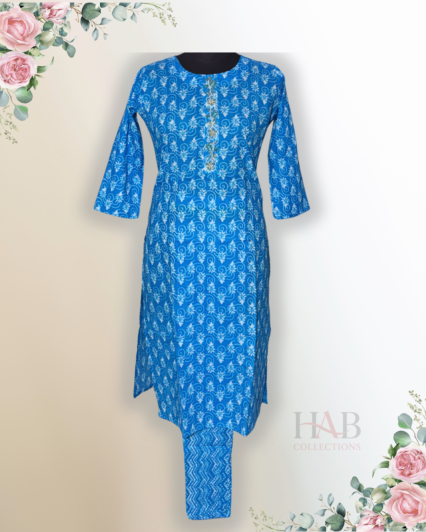 Daily Wear 2PC Sky Blue Straight Cut Kurta Set - HAB Collections
