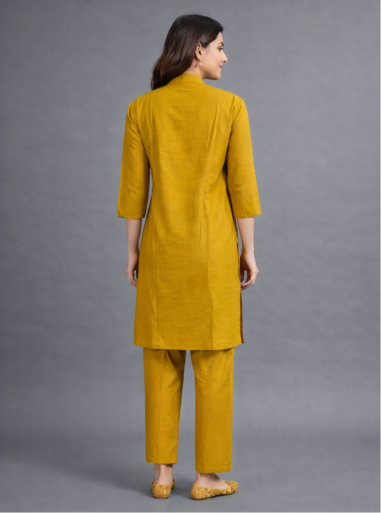 Woman wearing a mustard yellow kurta with pants, shown from front and back on a gray background.