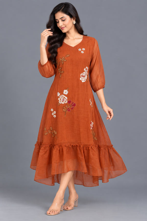 Rust Orange Mul Chanderi A-Line Suit · FROR