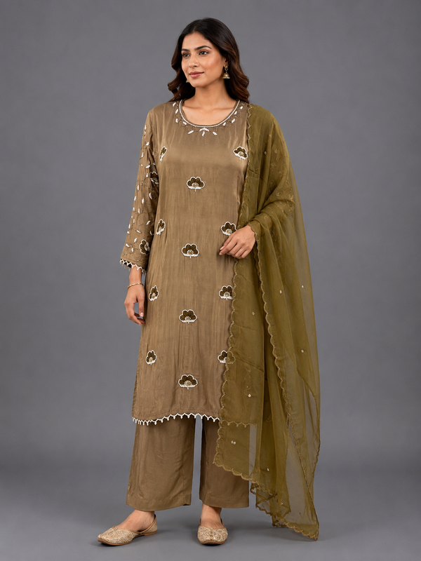 Brown Crepe Silk Indo-Western Kurta Set - HAB Collections