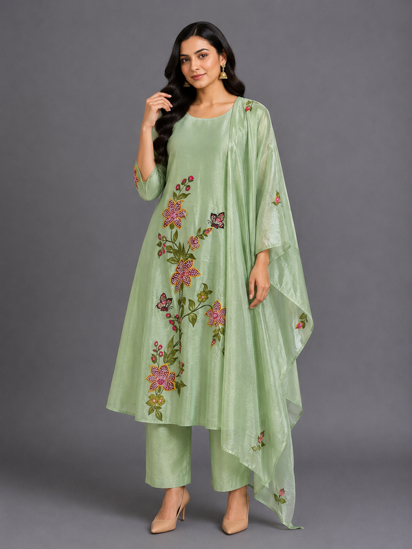 Green Shimmer Tissue Kurta Set · KSGR15
