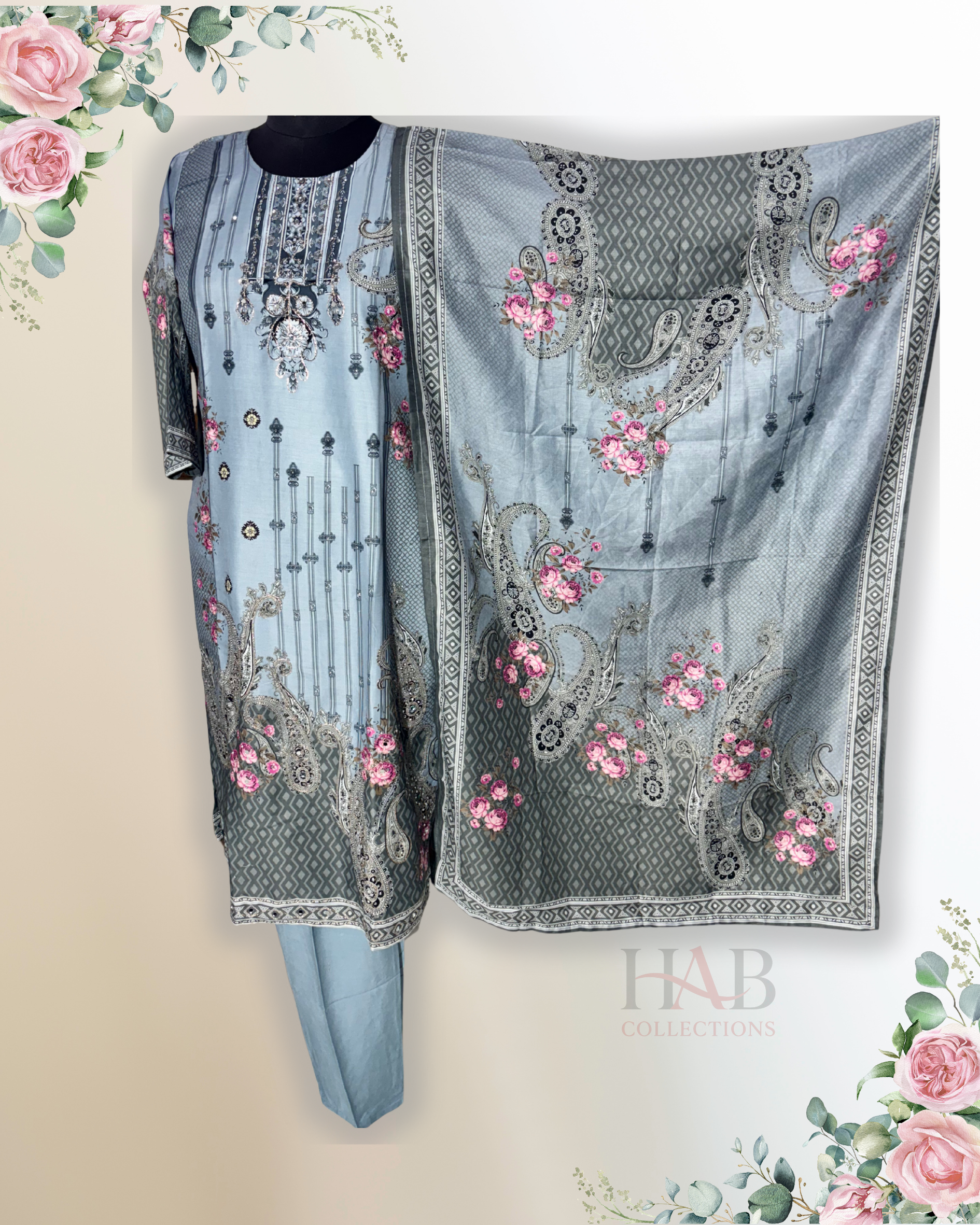 Festive Wear Grey Straight Cut Kurta Set - HAB Collections