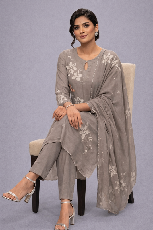 Festive Wear Mul Chanderi Grey Kurta Set - Code: KSGY4
