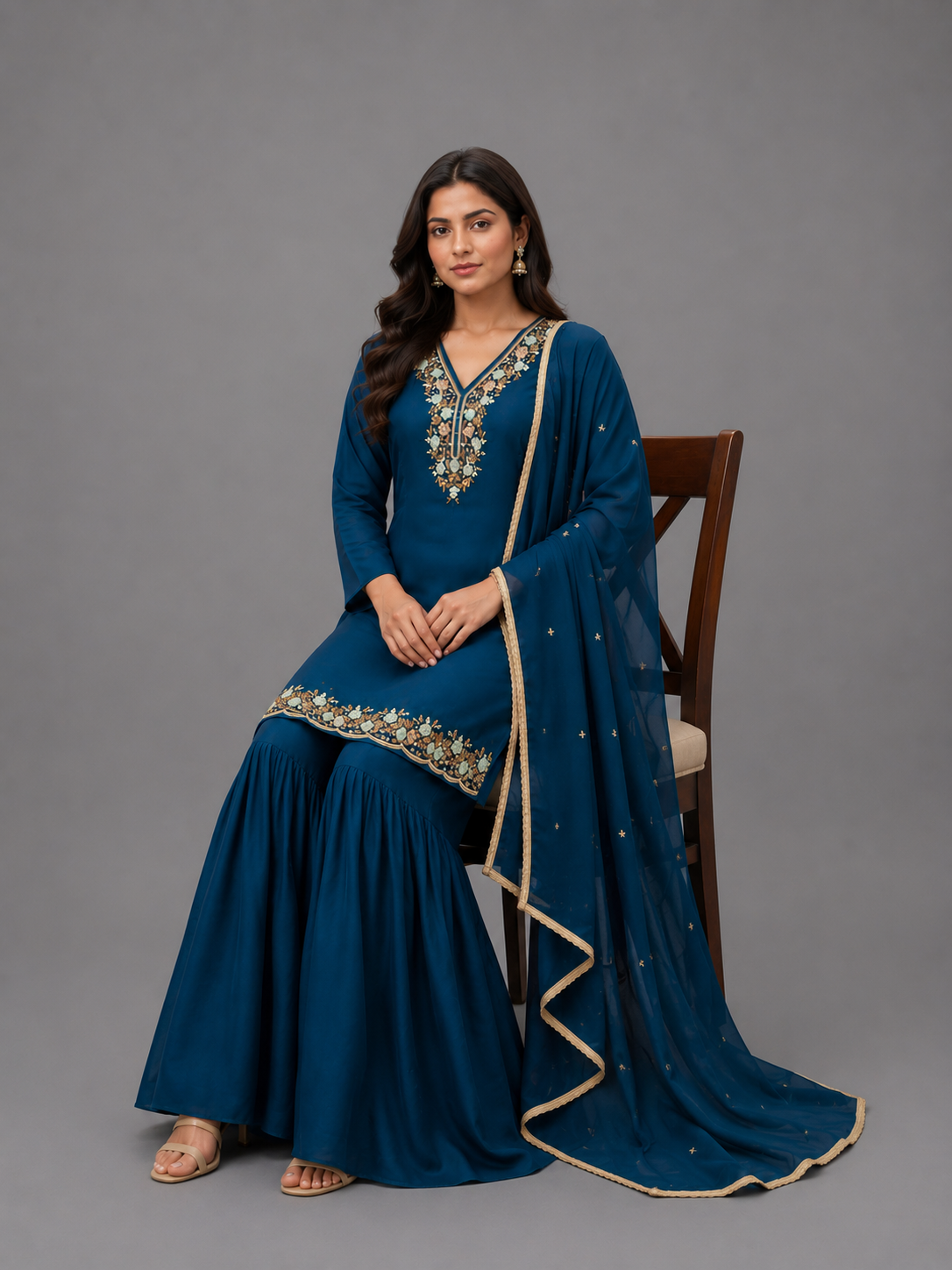 Festive Wear Indigo Blue Chinnon Indo Westen Kurta Set - Code: KSIBL1