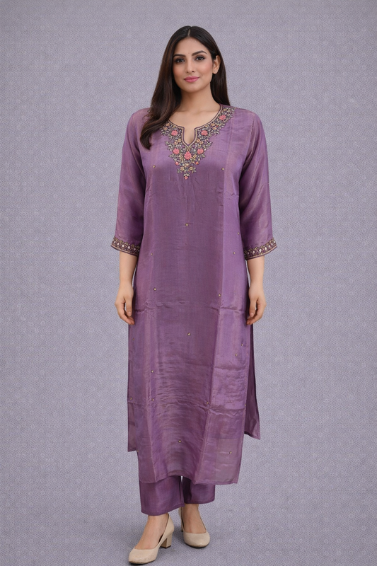 Festive Wear Tissue Lavender Kurta Set - Code: KSLA2