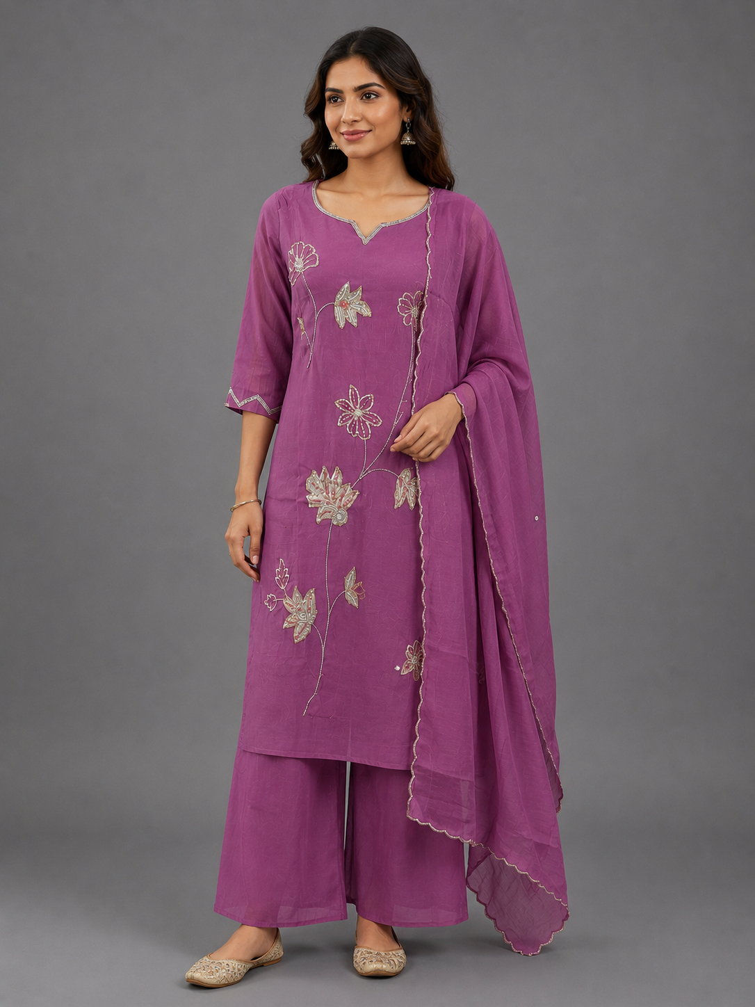 Mauve Mul Chanderi Kurta Set - HAB Collections