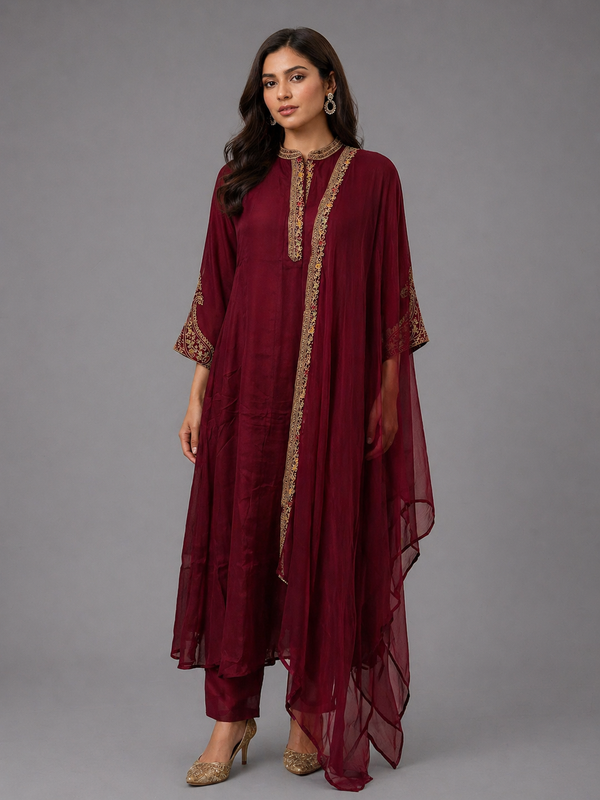 Maroon Chinnon Kurta Set - HAB Collections