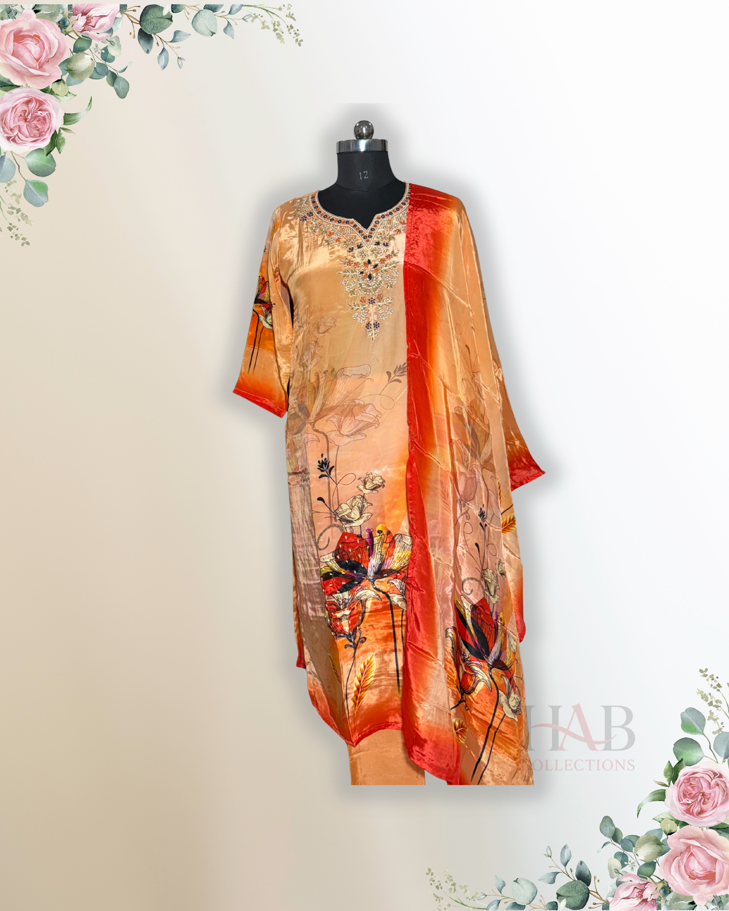 Festive Wear Orange Straight Cut Kurta Set - HAB Collections