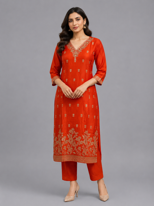 Festive Wear Orange Dola Silk Kurta Set - Code: KSOR6