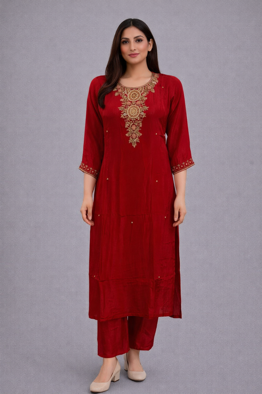 Festive Wear Crepe Red Kurta Set - Code: KSRE4