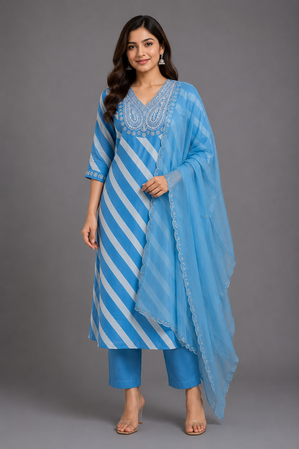 Sky Blue Natural Crepe Silk Kurta Set - HAB Collections