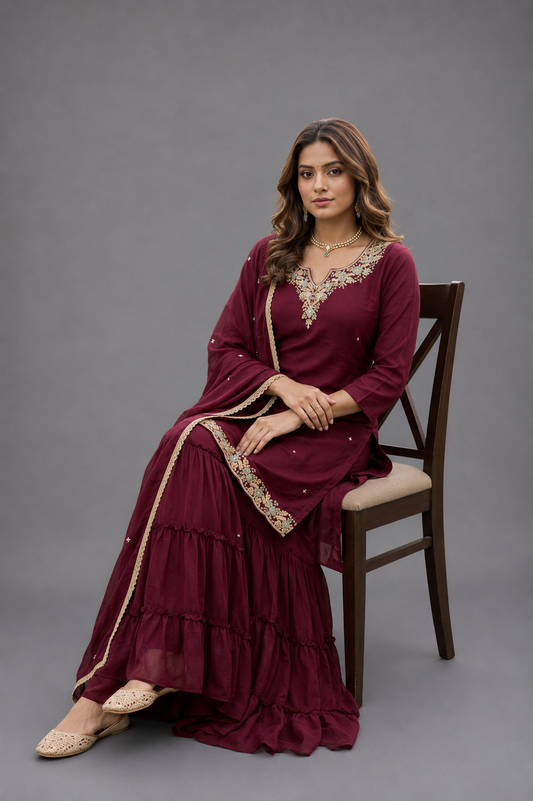 Festive Wear Wine Dola Silk Indo Western Kurta Set - Code: KSWI3