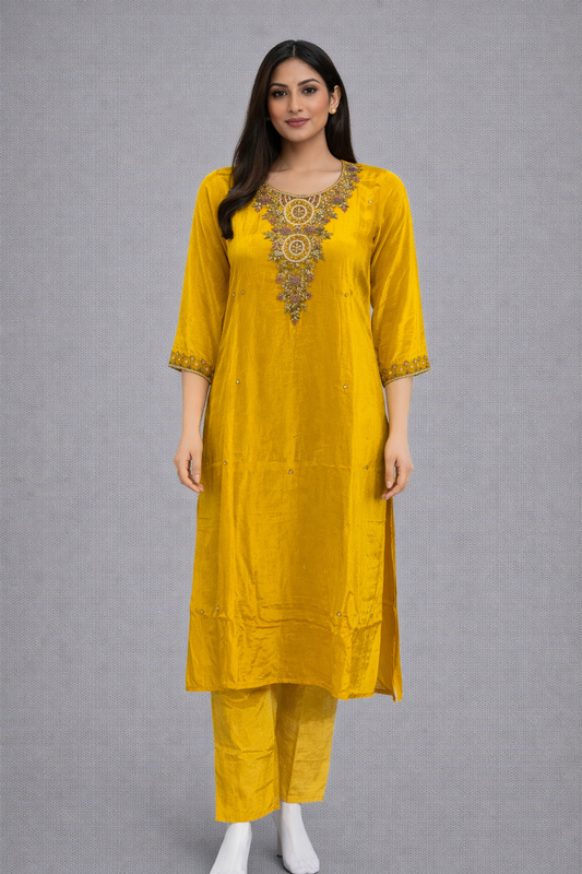 Festive Wear Crepe Yellow Kurta Set - Code: KSYE5