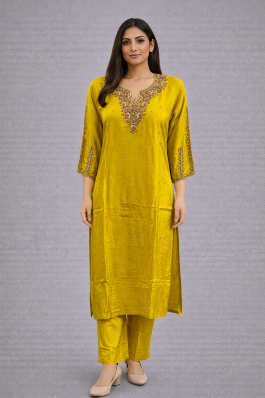 Festive Wear Yellow Dola Silk Kurta Set - Code: KSYE6