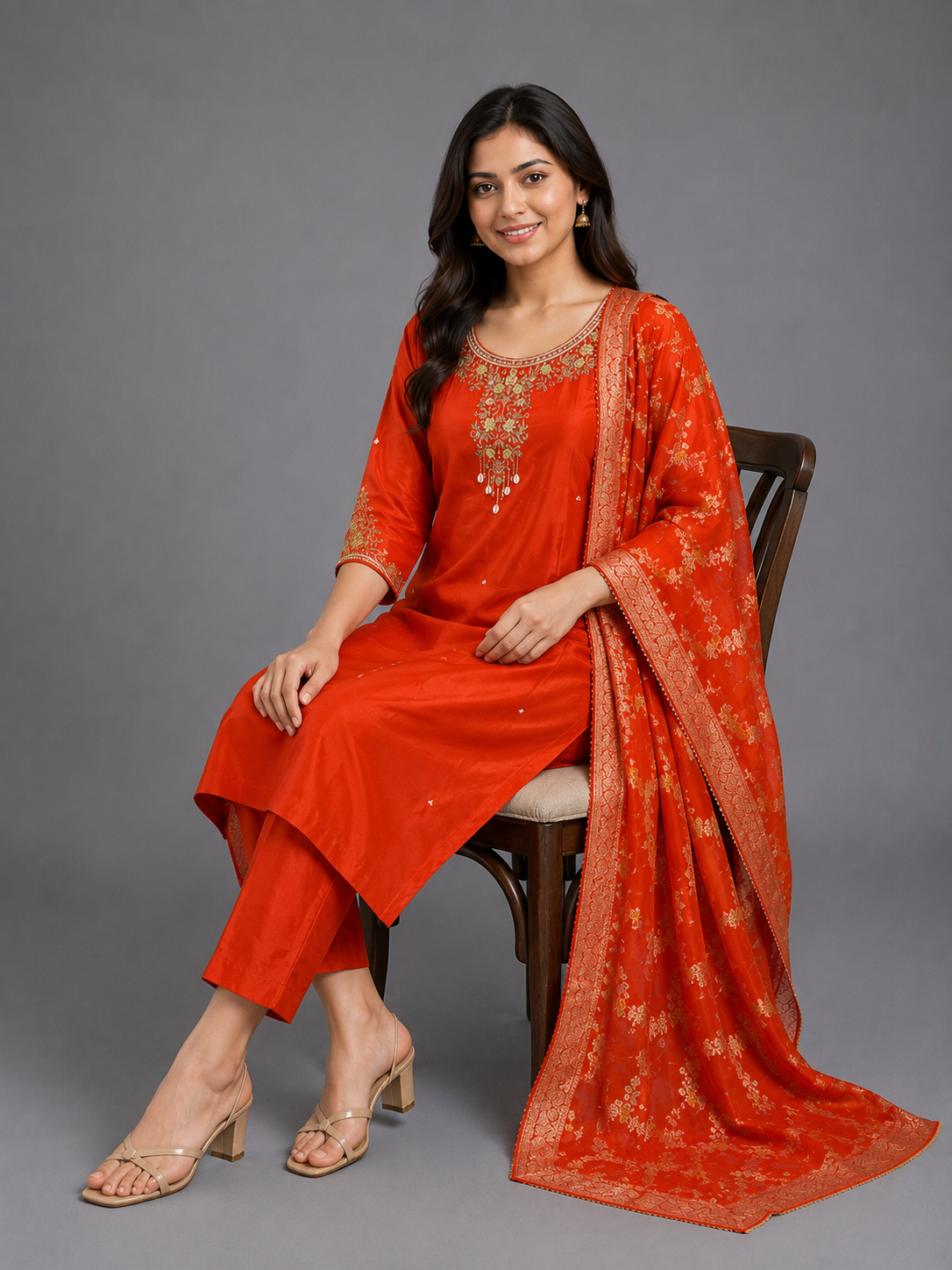 Festive Wear Orange Dola Silk Kurta Set - Code: PSKSOR