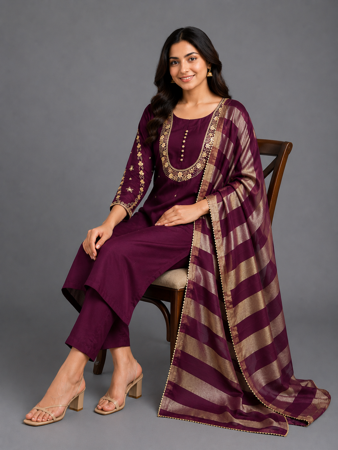 Festive Wear Wine Dola Silk Kurta Set - Code: PSKSWI