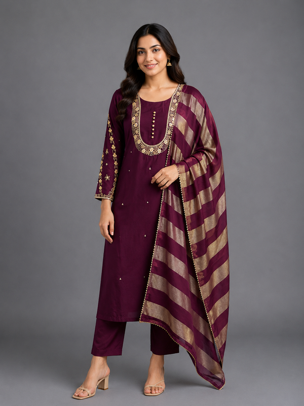 Wine Dola Jaqard Silk Kurta Set - HAB Collections