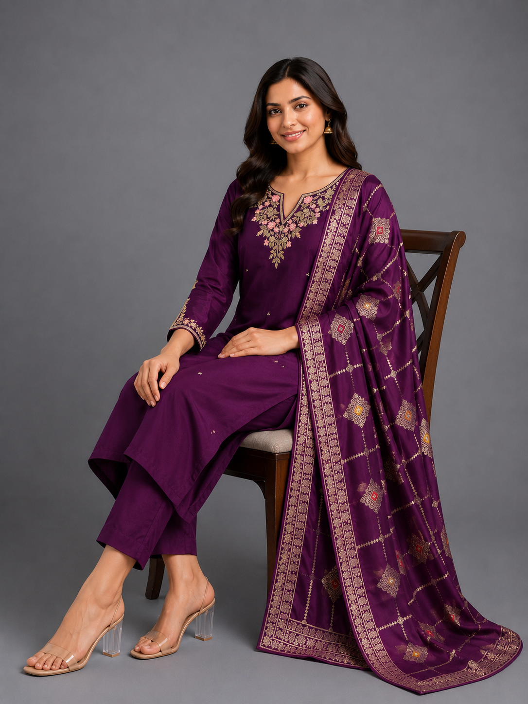 Festive Wear Wine Dola Silk Kurta Set - Code: PSKSWI1