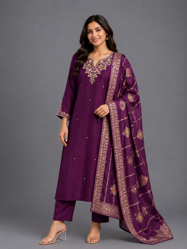 Wine Dola Jaqard Silk Kurta Set - HAB Collections