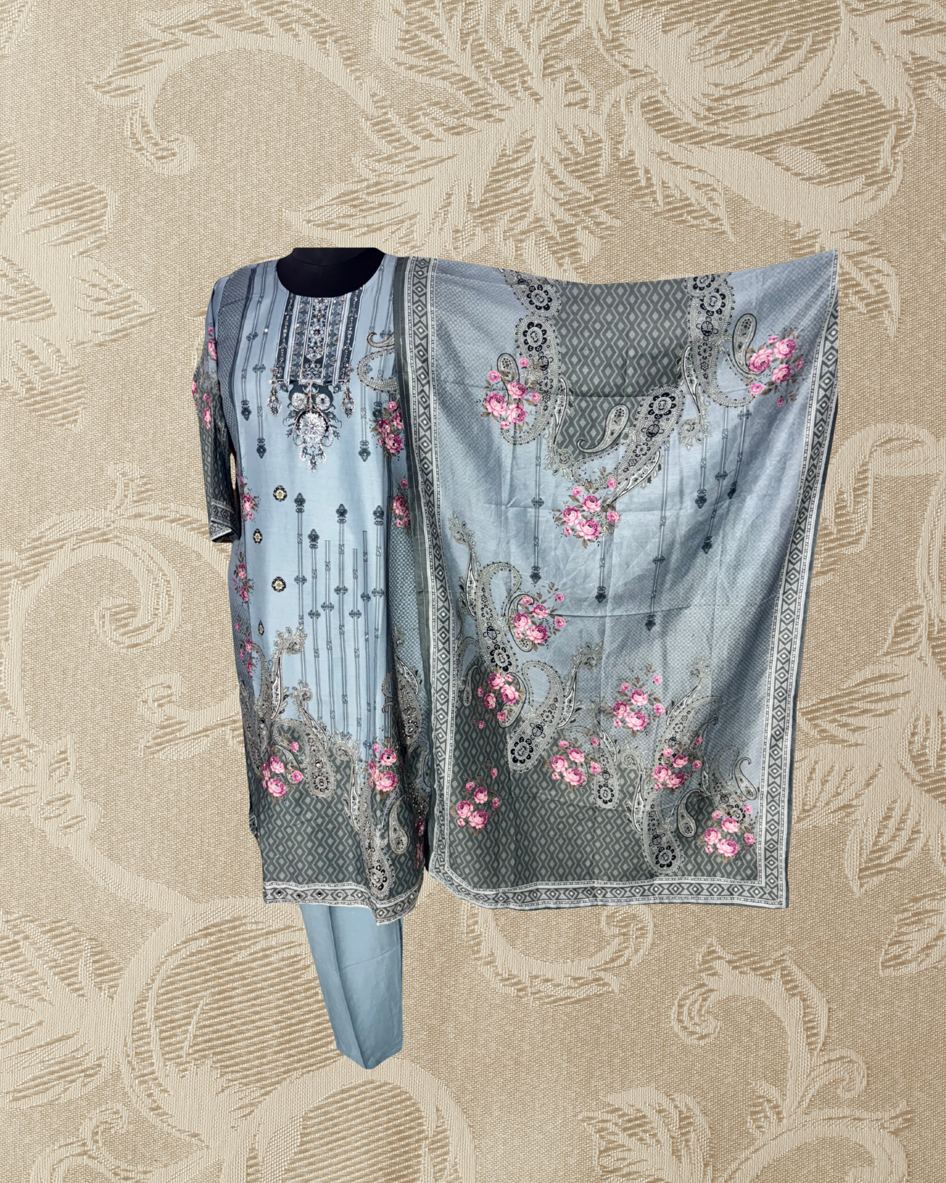 Festive Wear Grey Straight Cut Kurta Set