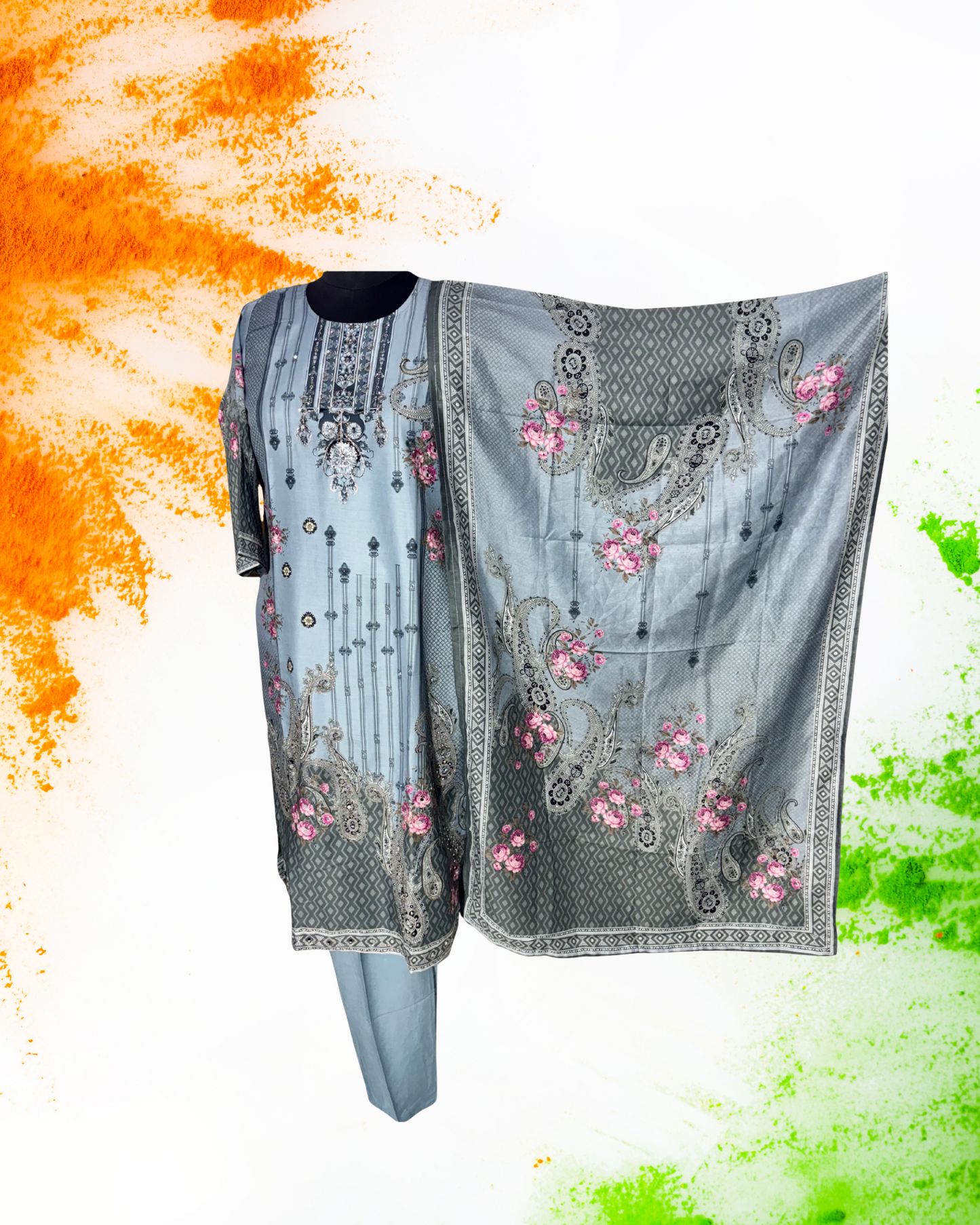 Festive Wear Grey Straight Cut Kurta Set