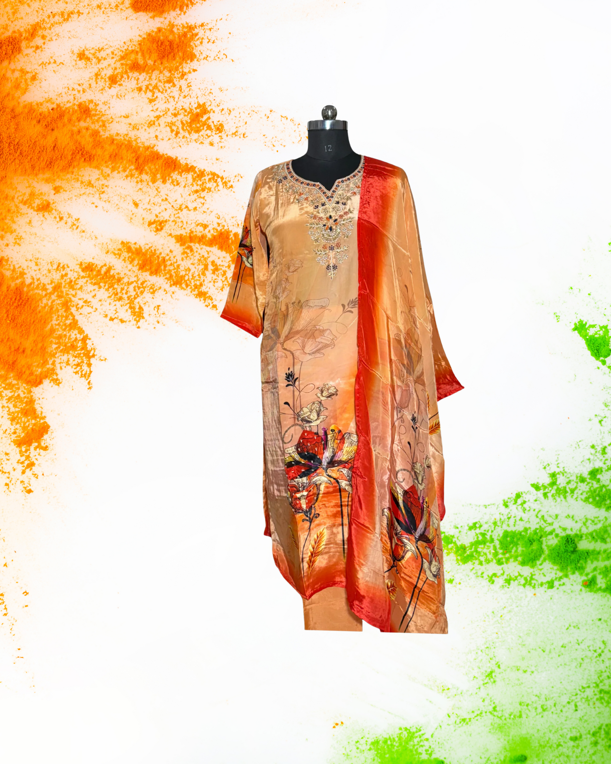 Festive Wear Orange Straight Cut Kurta Set