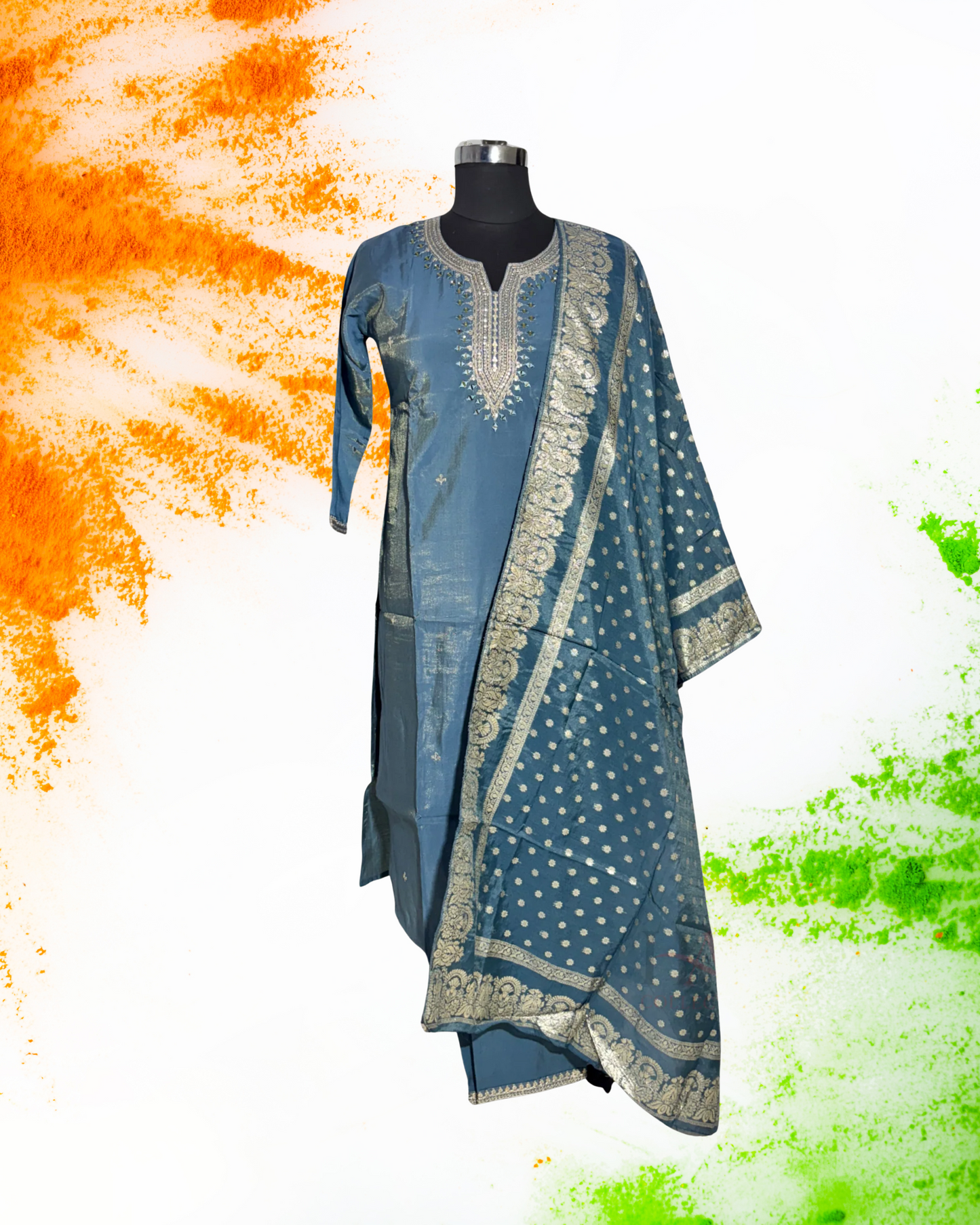 Festive Wear Grey Straight Cut Kurta Set