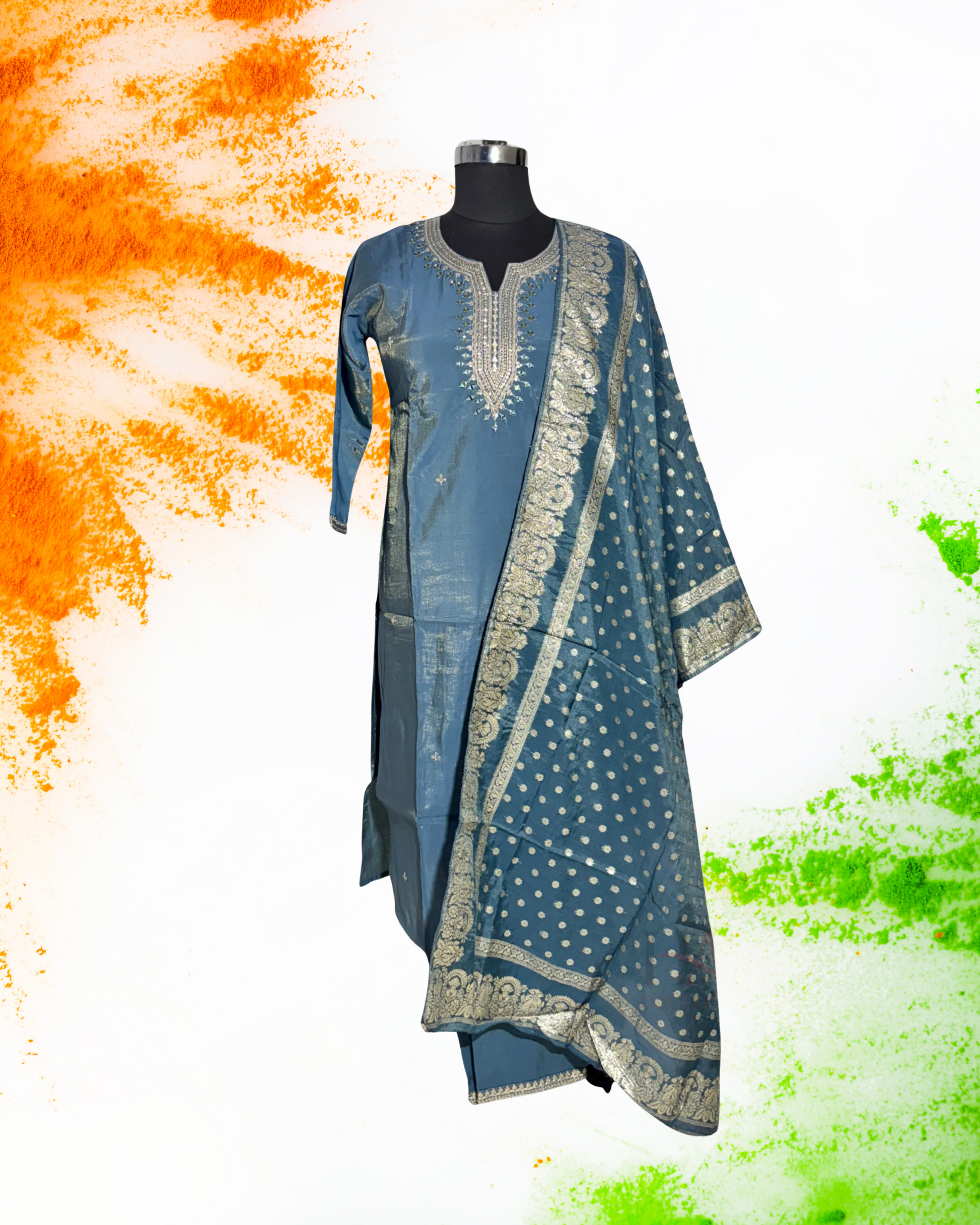 Festive Wear Grey Straight Cut Kurta Set