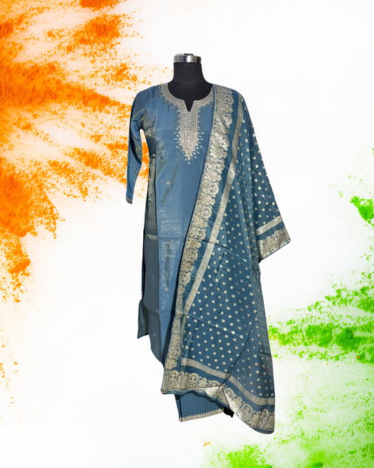 Festive Wear Grey Straight Cut Kurta Set