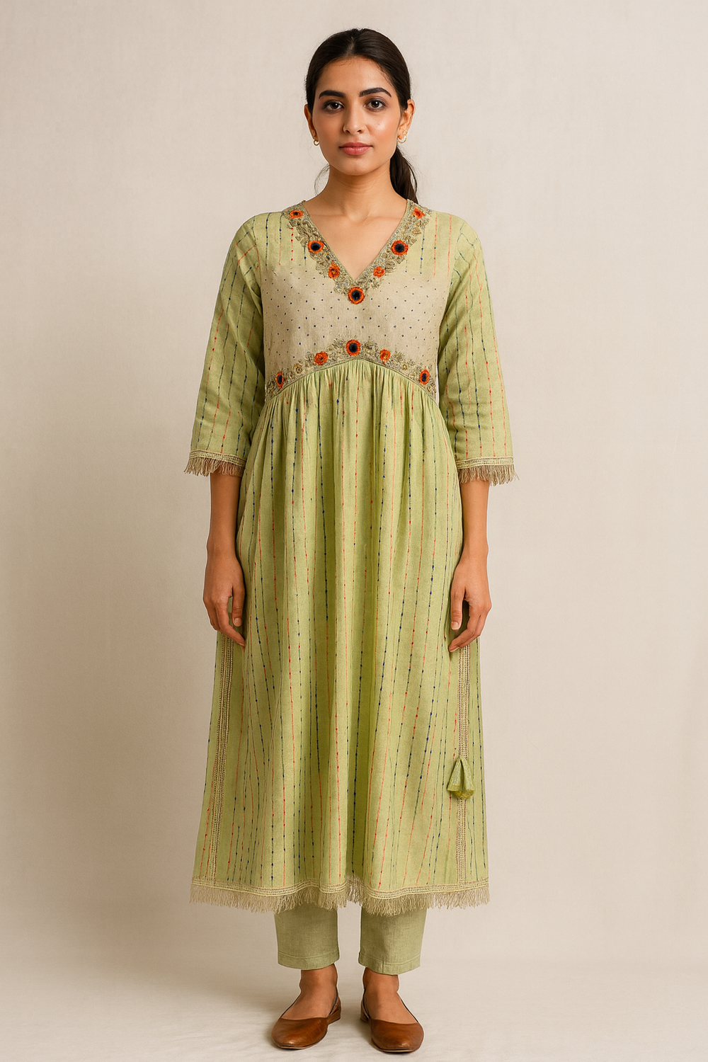 Green Cotton Silk 2PC Naira Cut Kurta Set - HAB Collections