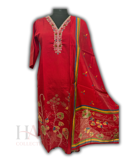 Dialy Wear Red Straight Cut Kurta Set