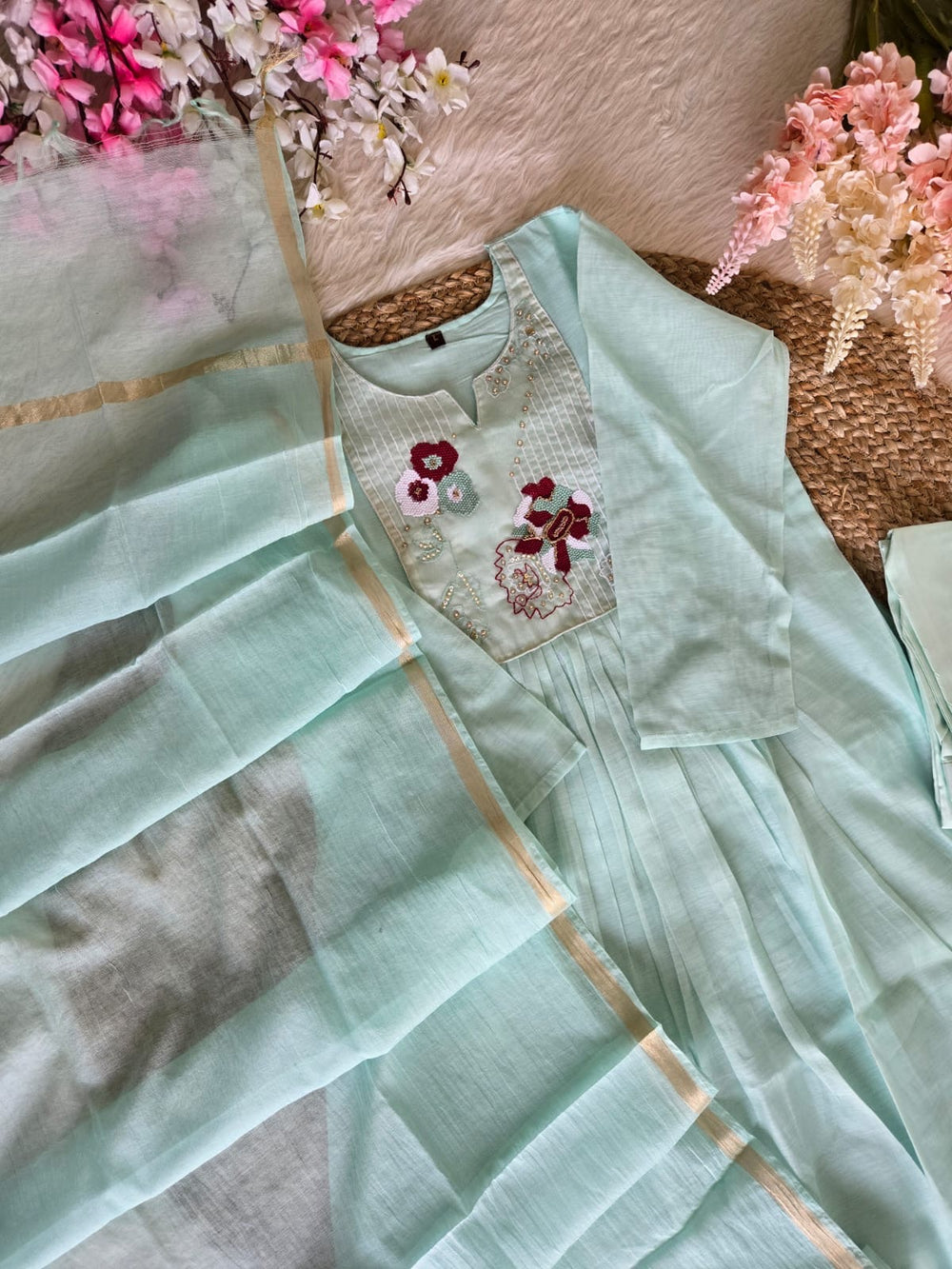 Pastel Green Mul Chanderi A-Line Kurta Set - HAB Collections