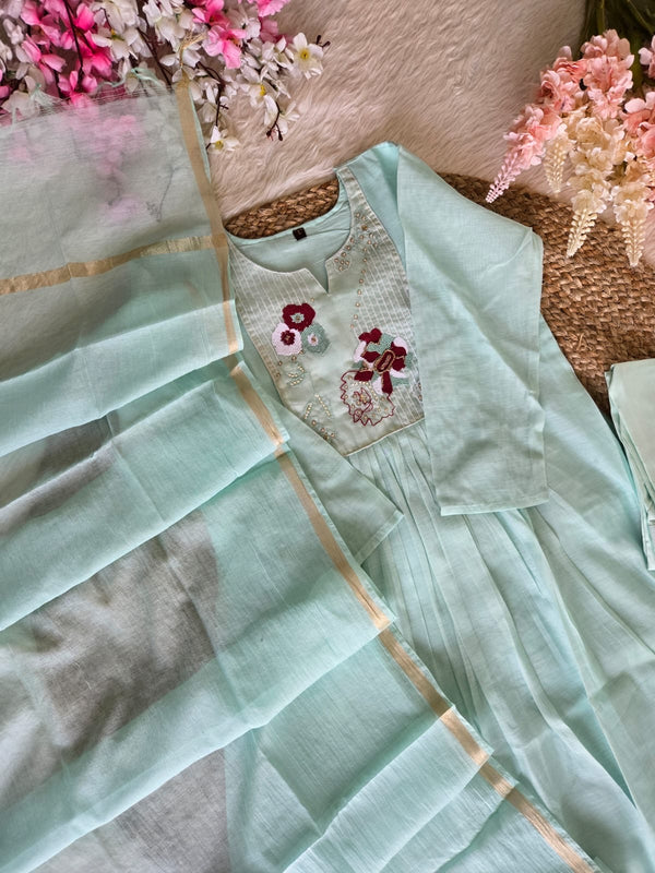 Pastel Green Mul Chanderi A-Line Kurta Set - HAB Collections