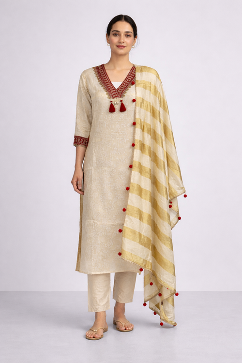 Beige Tissue Jaqard Silk Kurta Set - HAB Collections