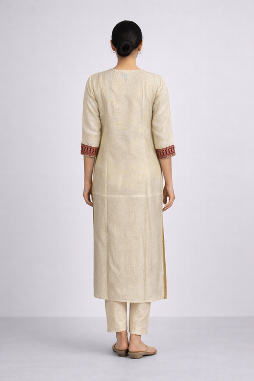 Beige Tissue Jaqard Silk Kurta Set - HAB Collections