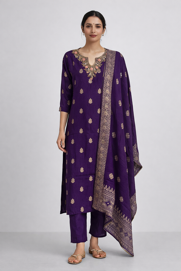 Purple Dola Jaqard Silk Kurta Set - HAB Collections