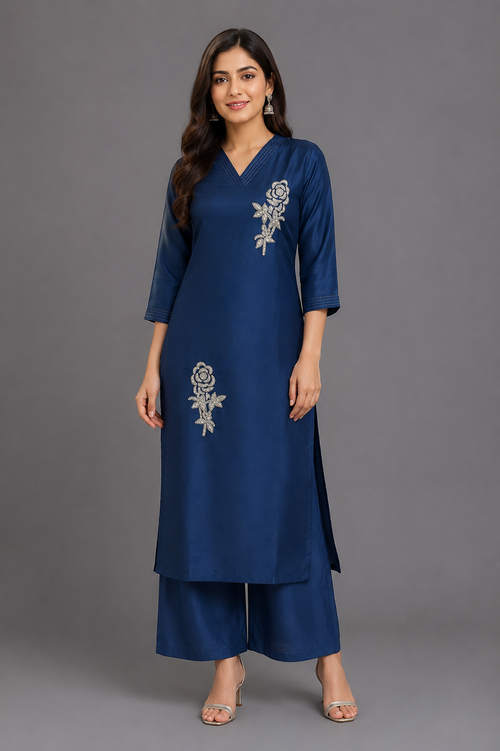 Blue Natural Crepe Silk Kurta Set - HAB Collections