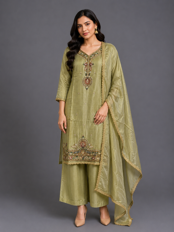 Olive Green Tissue Kurta Set · KSOGR3