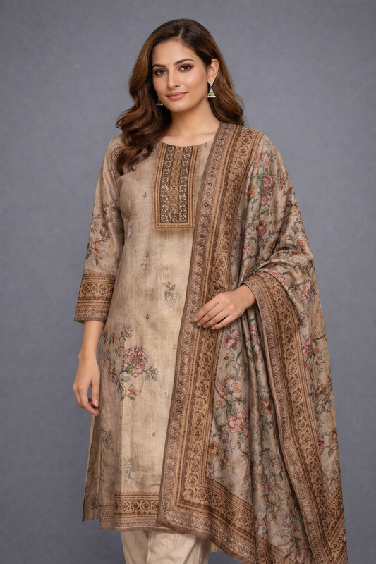 Festive Wear Beige Straight Cut Kurta Set