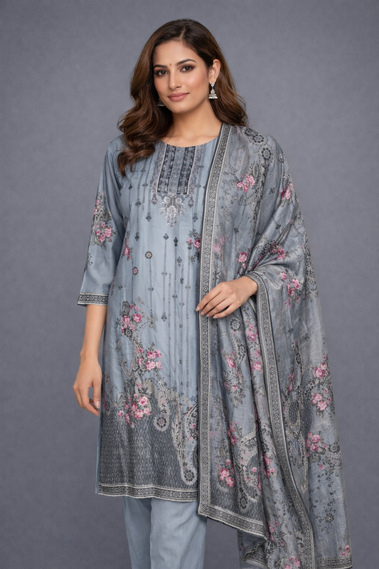 Festive Wear Grey Straight Cut Kurta Set