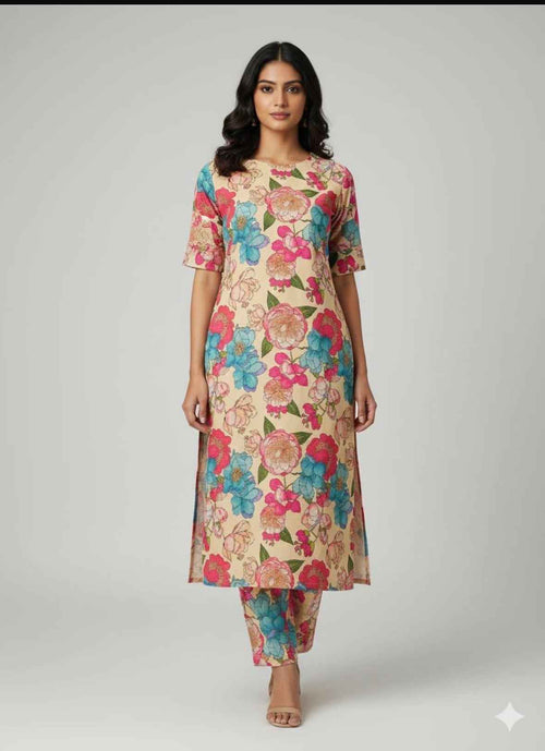 Beige Flax Cotton 2PC Kurta Set - HAB Collections