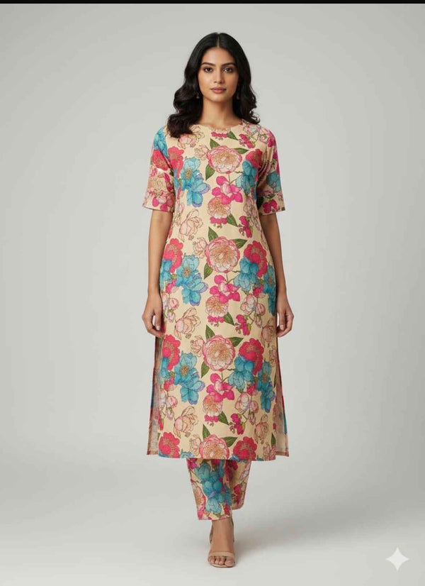 Beige Flax Cotton 2PC Kurta Set - HAB Collections