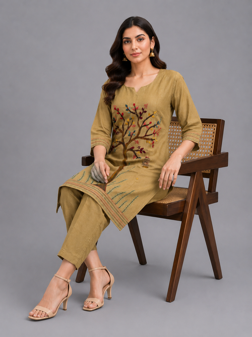 Beige Mul Chanderi Co-Ord Set - HAB Collections