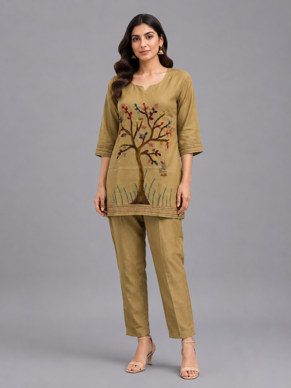 Beige Mul Chanderi Co-Ord Set - HAB Collections