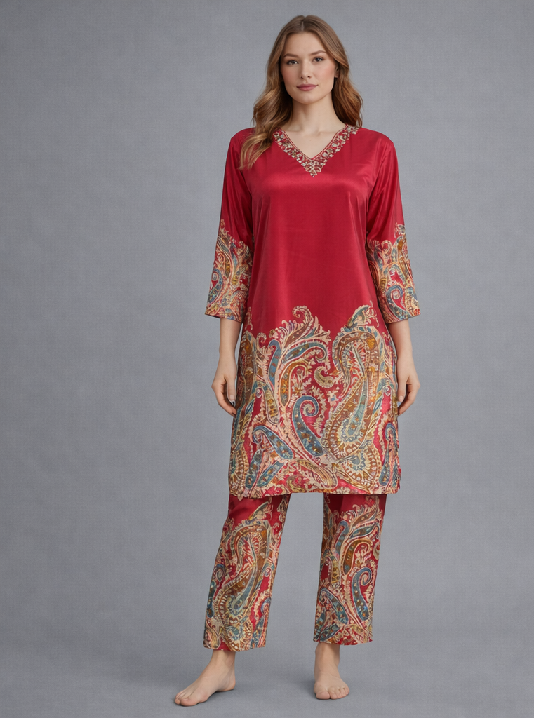 Red paisley outfit worn by a model on a gray background