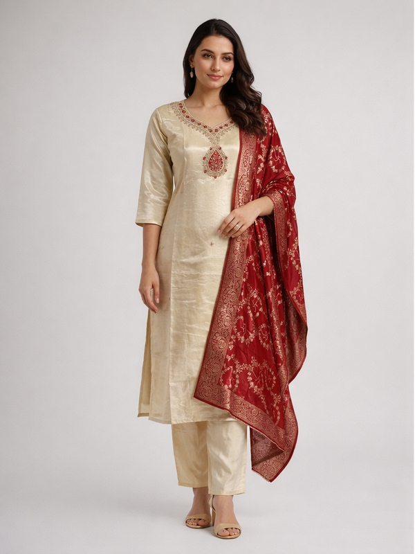 Beige Tissue Silk Kurta Set - HAB Collections