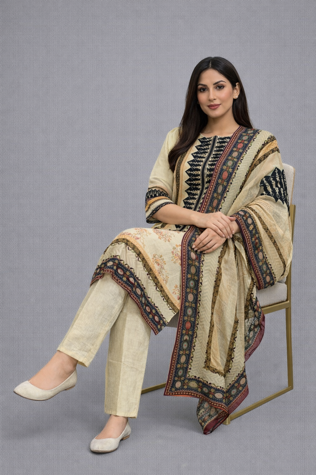Festive Wear Beige Crepe Kurta Set