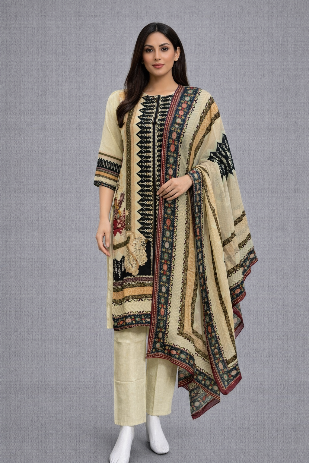 Festive Wear Beige Crepe Kurta Set